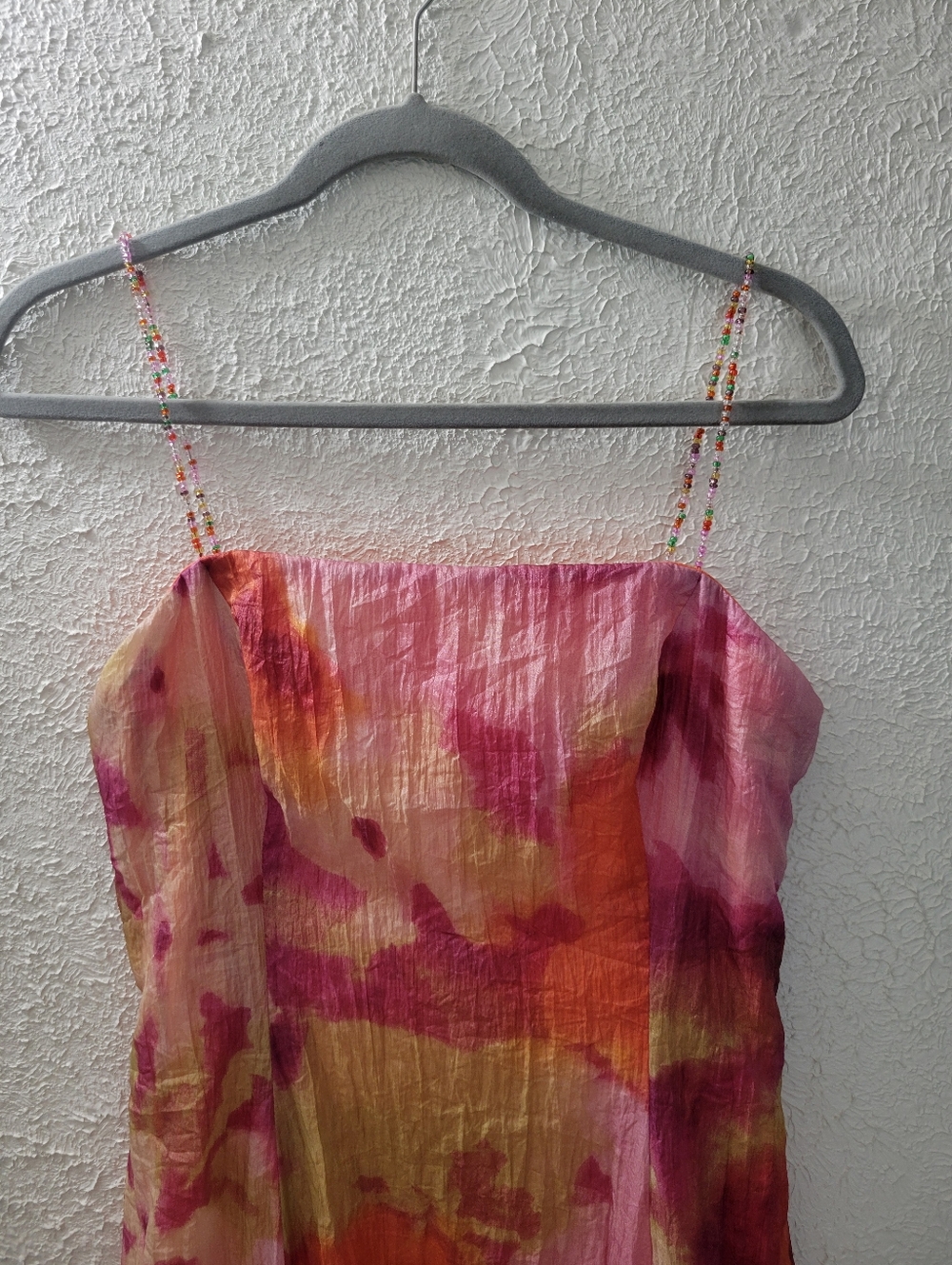 Maggy London Sz 10 Long Maxi Dress Beaded Straps Pink & Orange Crinkle Chiffon - Picture 2 of 8